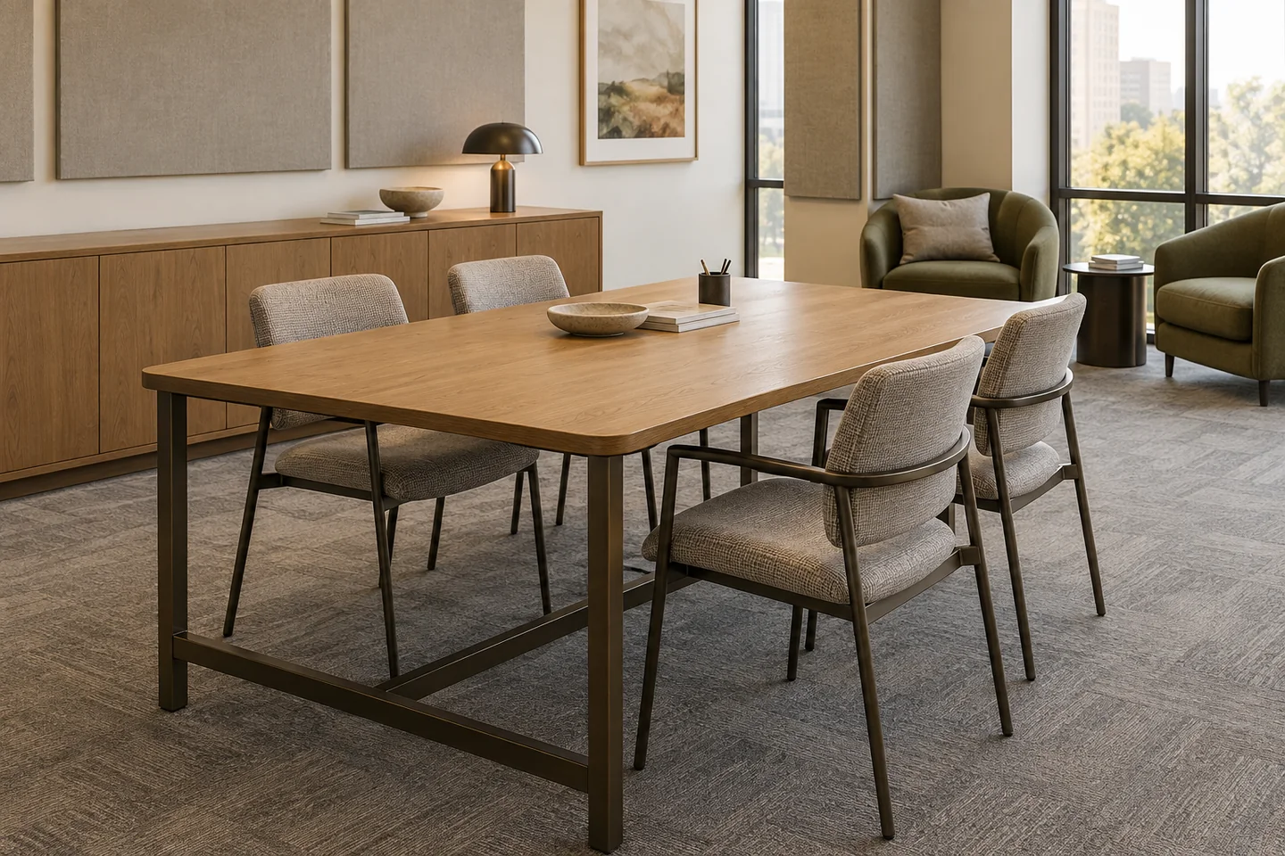 Oak collaboration table, upholstered commercial chairs and lounge seating in a warm, carpeted workspace.